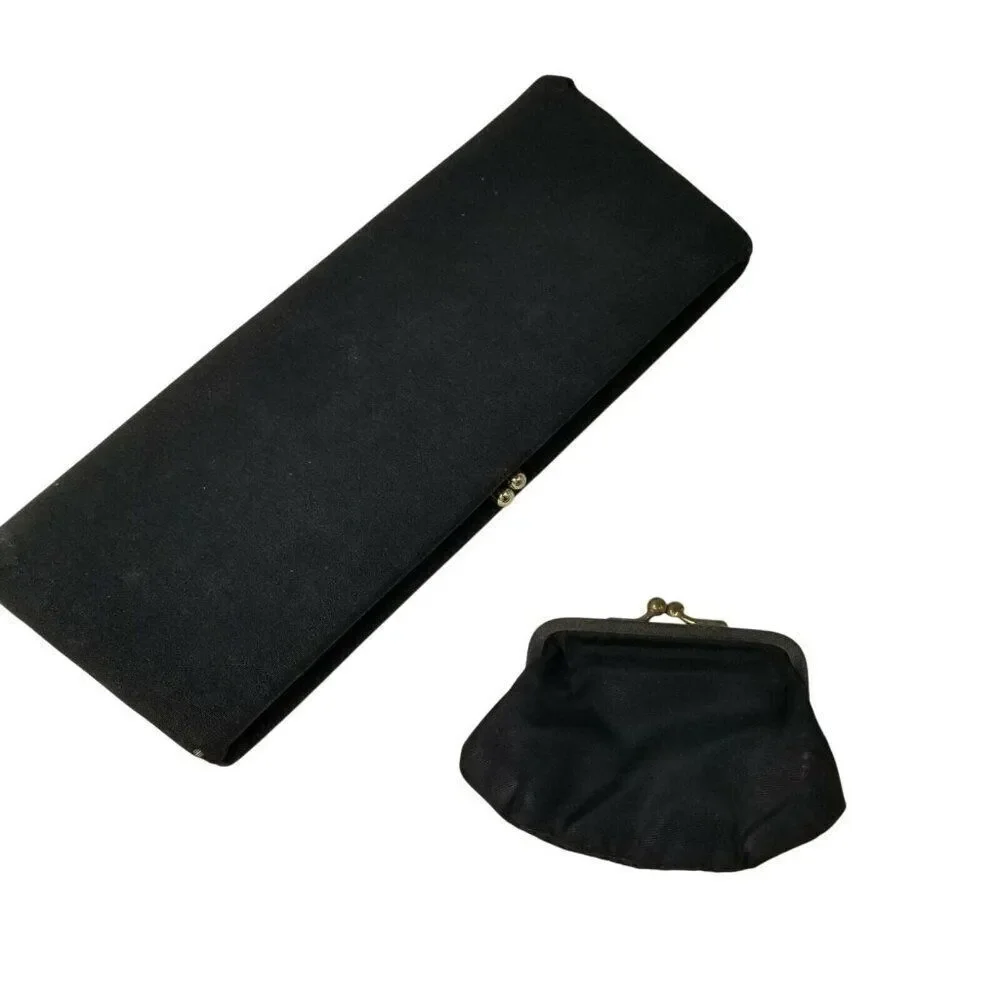 Vintage 80s Womens Pocketbook Black Clutch Black Coin Purse Set Formal